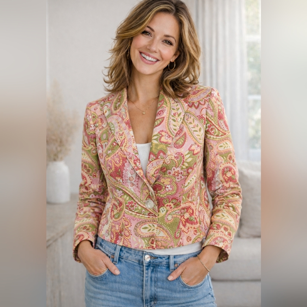RENATA Boho Pink & Green Paisley Printed Blazer Cotton Spring Kentuky Derby 6